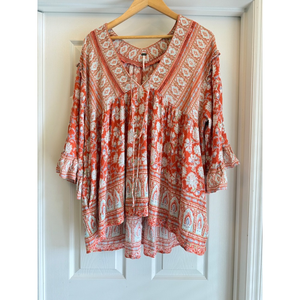 Free People Tunic Women L Orange Floral Paisley Ruffle Sleeve Boho V-Neck Top